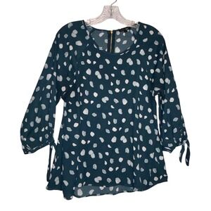 PAPERMOON Teal White Dot Print Zipper Back 3/4 Sleeve‎ Tunic Top Women's M